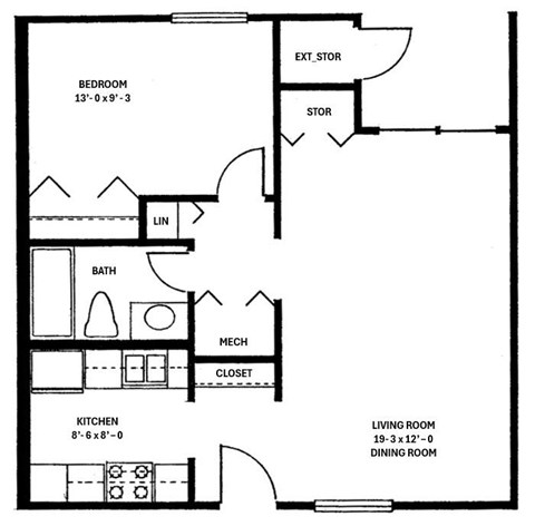 A floor plan of a home with a bedroom, living room, kitchen, and dining room.